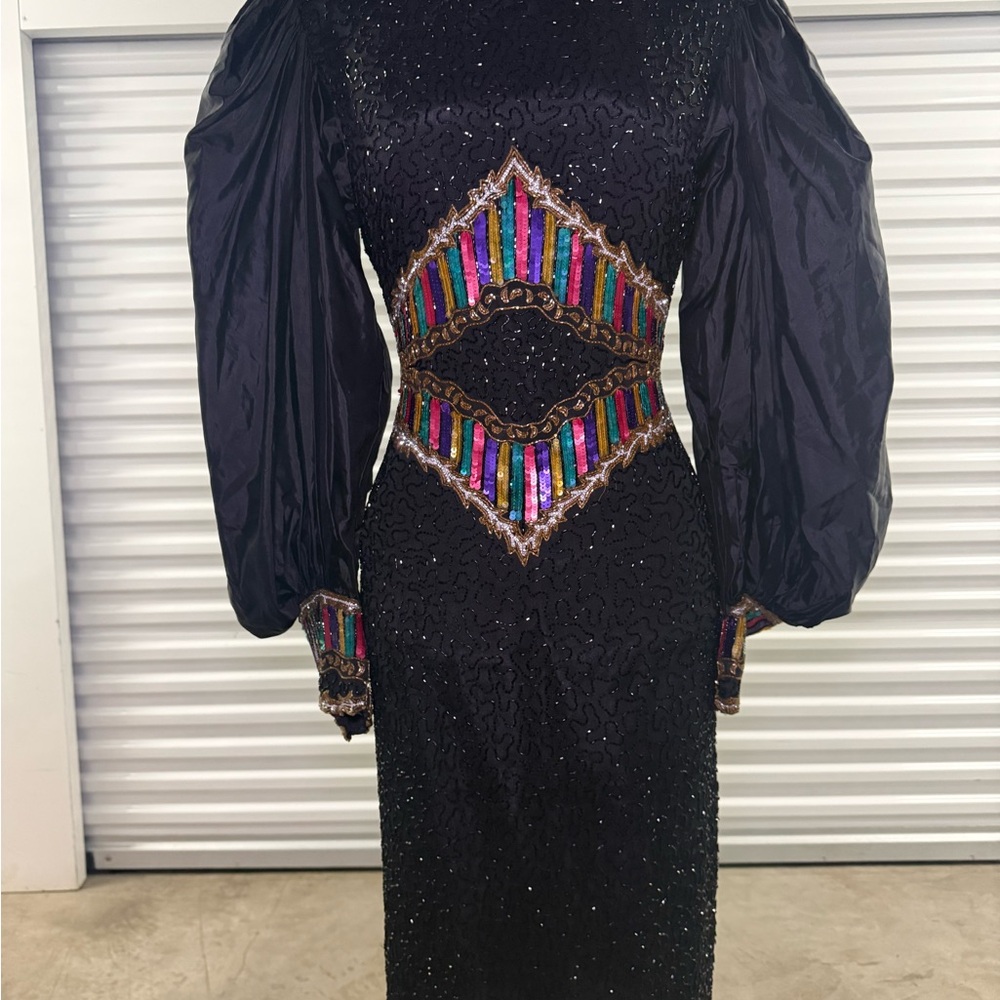 Black Beaded Evening Dress with Multicolor Accent
